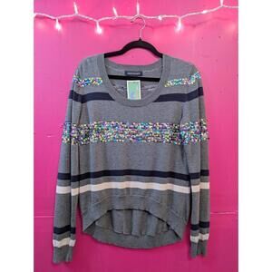 Gray Striped Sequin Sparkly Holiday Pullover Sweater M